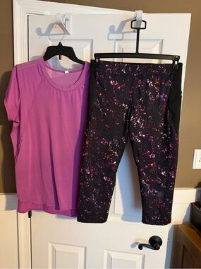 Target Purple Active Tee with Black Floral Splash Capri Leggings